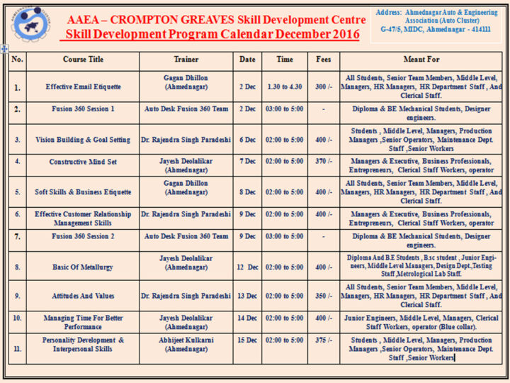 Skill Development Program Calendar December 2016